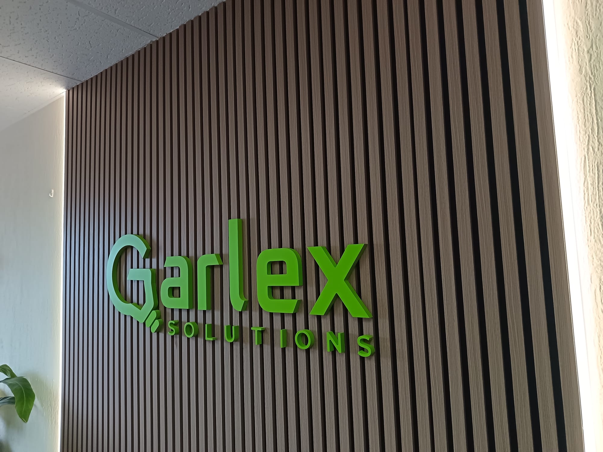Iluminación decorativa LED en perfilería de aluminio enmarcando un panel de lamas, en la recepción de una oficina